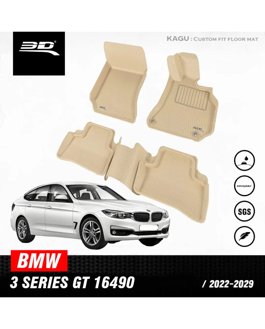 3D Kagu Floor Mat Compatible for BMW 3 Series Gran Turismo GT F34 2013 to 2018 | Custom Fit All Weather Car Floor Mats| 1st And 2nd Row | Beige